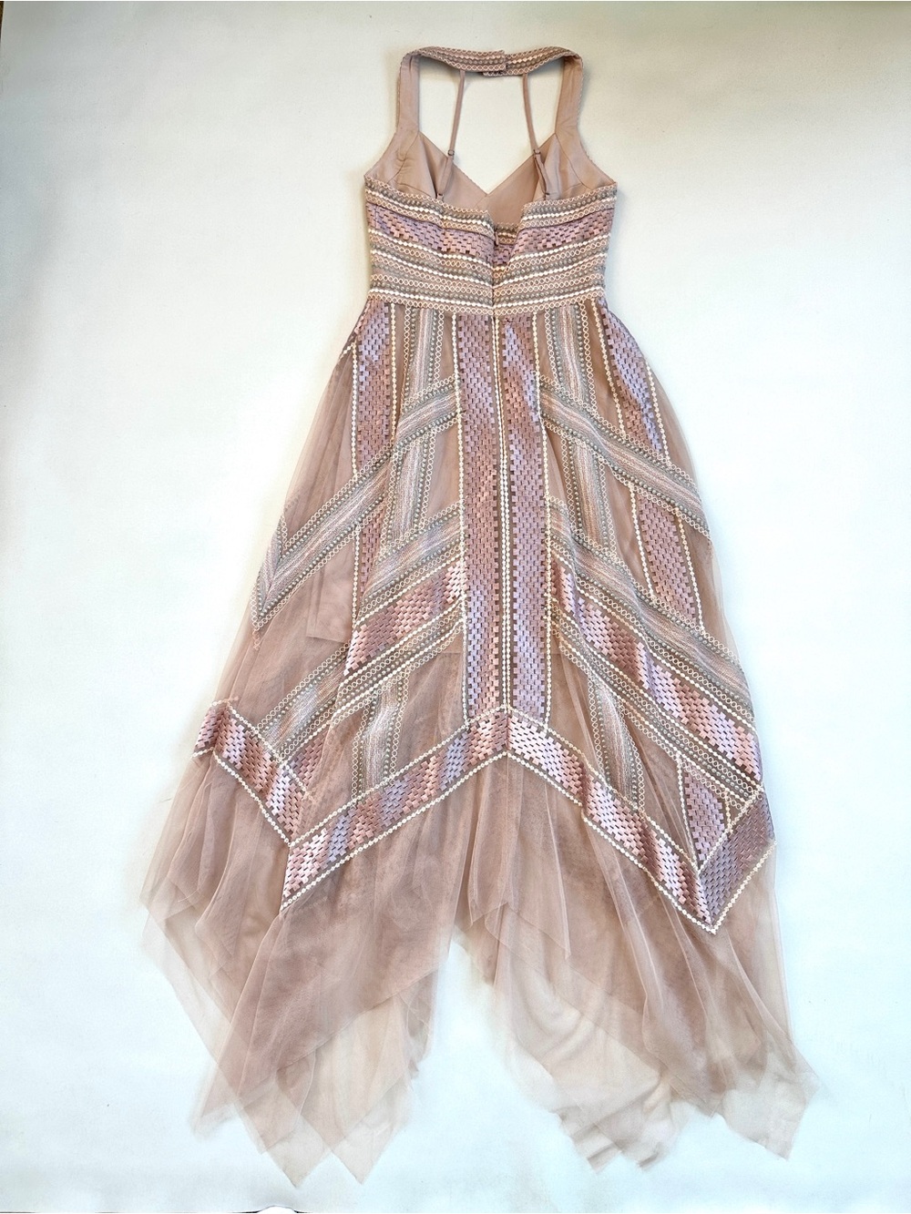 BCBGMAXAZARIA PINK/NUDE/METALLIC TULLE ETHEREAL GODDESS HANDKERCHIEF DRESS Sz2 - Picture 11 of 16